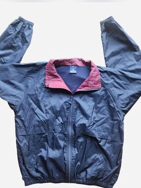 Vintage 90s Port Authority Navy Windbreaker Jacket with Burgundy Collar - Size L